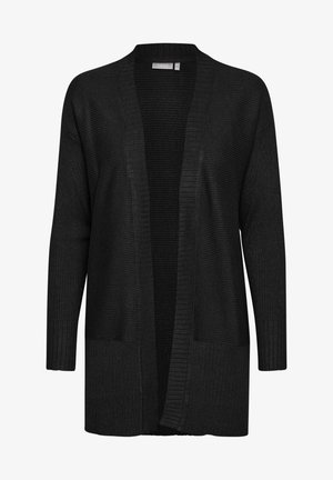 Schwarze Strickjacke mit gerippter Textur, offenem Frontdesign, langen Ärmeln und Seitentaschen. Weicher Stoff, vielseitig für das Kombinieren.