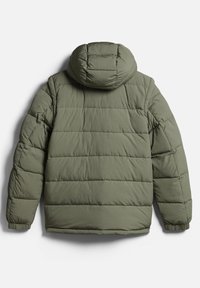Olivgrüne Steppjacke mit einem gesteppten Design, Kapuze und elastischen Bündchen. Verfügt über eine glatte Textur und ein gleichmäßiges, genähtes Muster.