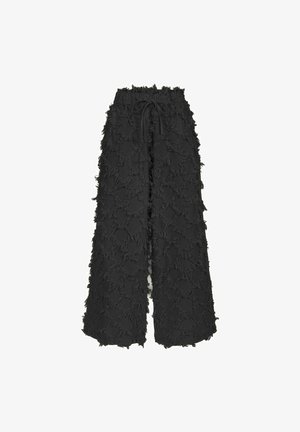 Czarne spodnie o szerokich nogawkach z wysokim elastycznym pasem i teksturowanym wzorem kwiatowym z frędzlami, wyposażone w sznurek do ściągania z przodu.
