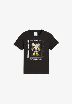 Czarny t-shirt z krótkim rękawem z żółtą grafiką robota Bumblebee Autobot i białym napisem z logo Bumblebee oraz Puma z przodu.
