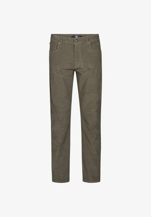 Pantaloni in corduroy verde oliva con gambe dritte, cinque tasche e chiusura a bottoni. La sottile texture a coste aumenta l'interesse visivo.