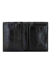 Schwarze Leder-Geldbörse mit einer strukturierten Oberfläche, ausgestattet mit mehreren Kartenfächern und einem Fach für Geldscheine, sauber genähte Kanten.