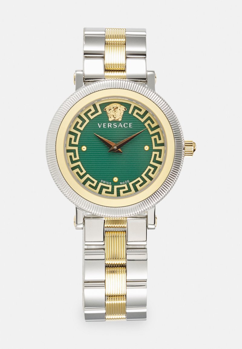 Versace watch with a green textured dial, gold-tone bezel, and silver-tone bracelet featuring gold accents and Greek key pattern.