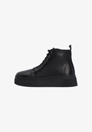 Black high-top sneakers made of textured leather with a rubber, ridged sole. Features eyelets and laces for closure, and a rear pull tab.