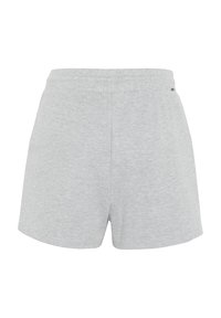 Light gray cotton shorts with an elastic waistband, featuring a smooth texture and a relaxed fit, no visible pockets or patterns.