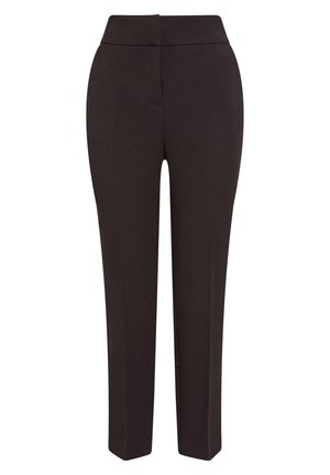 Czarne, dopasowane spodnie typu slim-fit z wysokim stanem i prostymi nogawkami, prezentowane na białym tle.