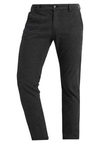 Dark grey, slim-fit trousers with a textured fabric, button closure, and side pockets. Features a tailored design and straight leg.