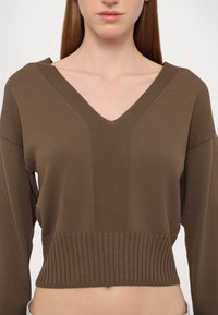 Brązowy krótki sweter z teksturowanym dekoltem w kształcie V, długimi rękawami i prążkowanym wykończeniem. Wykonany z miękkiego, dzianinowego materiału.