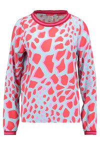 Monivärinen pitkähihaine paita, jossa on sininen tausta epäsäännöllisillä punaisilla ja vaaleanpunaisilla muodoilla, pyöreä pääntie ja joustavat hihansuut.