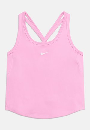 Ανοιχτό ροζ αθλητική μπλούζα Nike με σταυρωτούς ιμάντες στους ώμους και λευκό λογότυπο Nike στο κέντρο του στήθους.
