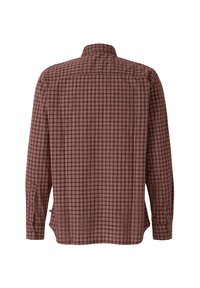 Langärmliges Hemd mit karriertem Muster in Burgunderrot und Braun. Verfügt über einen Standardkragen und geknöpfte Manschetten. Texturierter Baumwollstoff.