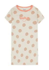 Abito a maniche corte in cotone biologico crema con un motivo stampato di cerchi marroni e la scritta "SMILE" in corallo accompagnata da un'icona di faccina sorridente.