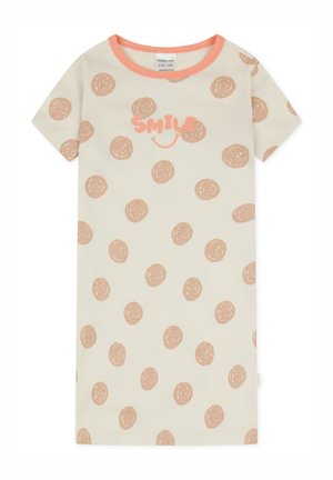 Robe à manches courtes en coton bio crème avec un motif imprimé de cercles beiges et un texte "SMILE" en corail accompagné d'un accent de smiley.