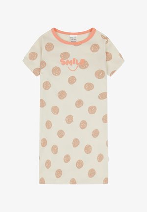 Kortärmad klänning i krämfärgad ekologisk bomull med ett tryckt mönster av bruna cirklar och en korallfärgad "SMILE"-text med en smiley-ansiktsaccent.