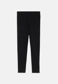Leggings noirs en tissu extensible, dotés d'une coupe ajustée et d'une texture lisse, sans motifs ni embellissements visibles.