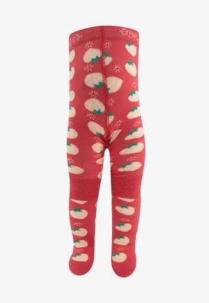 Rote Strumpfhosen mit einem Muster aus cremefarbenen Tomaten und grünen Blättern, die eine enge Passform und strukturierte Fußbereiche aufweisen.