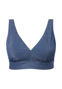 Bralette blu navy con scollatura a V, spalline sottili e una morbida texture lucida, dotata di un elastico arricciato nella parte inferiore per garantire comfort.