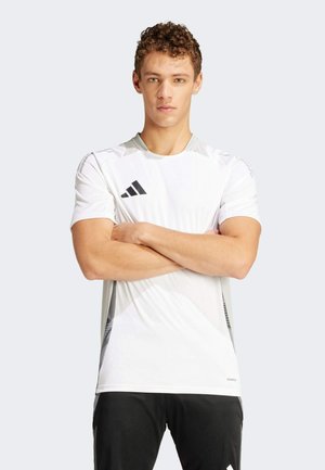 White athletic shirt with short sleeves, grey accents, and black stripe pattern on the sides; features Adidas logo on the upper left.
