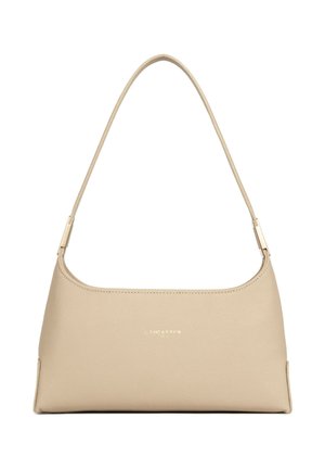Beige leather shoulder bag with a slim strap, soft texture, and subtle gold "Lancaster Paris" logo on the front.