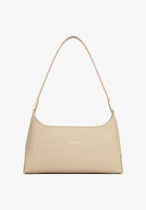 Beige Lederschultertasche mit schmalem Riemen, weicher Textur und dezentem goldfarbenem "Lancaster Paris"-Logo auf der Vorderseite.