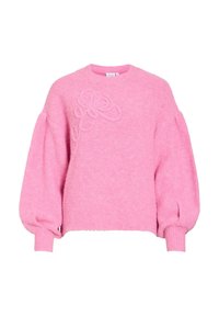 Pull rose tricoté avec une finition texturée, présentant un détail de broderie florale sur le devant, un col rond et des manches bouffantes.