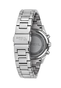 Montre-bracelet en acier inoxydable avec un bracelet à maillons poli, boîtier rond et un cadran argenté lisse portant le nom de la marque "BREIL."