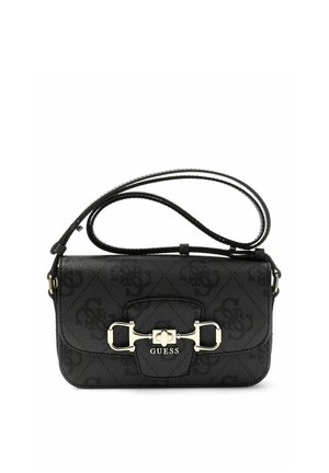 Sac bandoulière Guess noir avec imprimé monogramme, détail mors en ton argenté et sangle ajustable sur fond blanc.