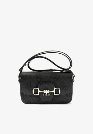 Sac bandoulière Guess noir avec imprimé monogramme, détail mors en ton argenté et sangle ajustable sur fond blanc.