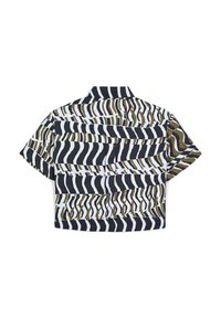 Camicia a maniche corte con bottoni che presenta un motivo geometrico in nero, bianco e verde oliva. Collo strutturato e tasca posteriore.