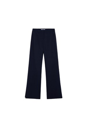 Pantalones azul marino de pierna ancha con talle alto y bolsillos laterales, mostrados sobre un fondo blanco.