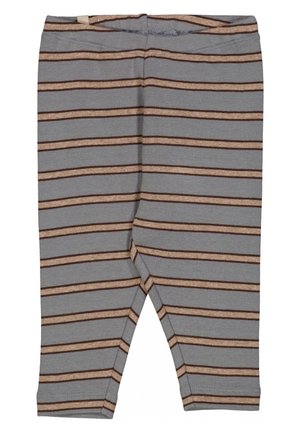 Graue Baumwoll-Leggings mit braunen horizontalen Streifen, ausgestattet mit einer weichen, elastischen Textur und einem elastischen Bund für Komfort.