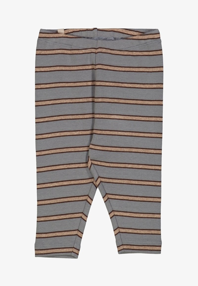 Collants en coton gris avec des rayures horizontales marron, présentant une texture douce et extensible ainsi qu'une taille élastique pour le confort.