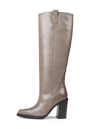 Knee-high leather boots in light gray, featuring a square toe, a sleek design, visible stitching, and a chunky black heel.