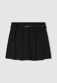 Gonna plissettata nera con una vita aderente e una cintura nera. Realizzata in un materiale liscio, presenta pieghe nette e linee pulite.