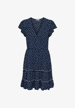 Robe bleu marine à manches courtes avec imprimé floral blanc, col en V, taille ajustée et jupe à volants superposés.