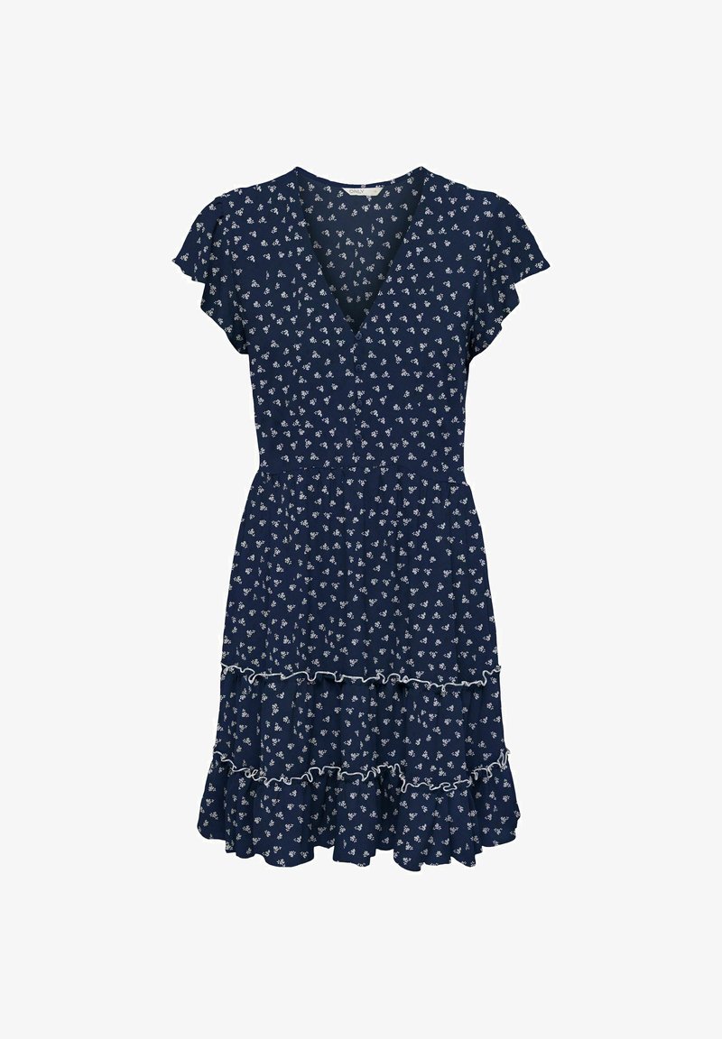 Robe bleu marine à manches courtes avec imprimé floral blanc, col en V, taille ajustée et jupe à volants superposés.