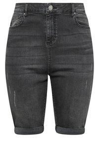 Pantalones cortos de mezclilla en gris oscuro con textura desvanecida, con dobladillo enrollado, diseño clásico de cinco bolsillos y cierre con botón metálico.