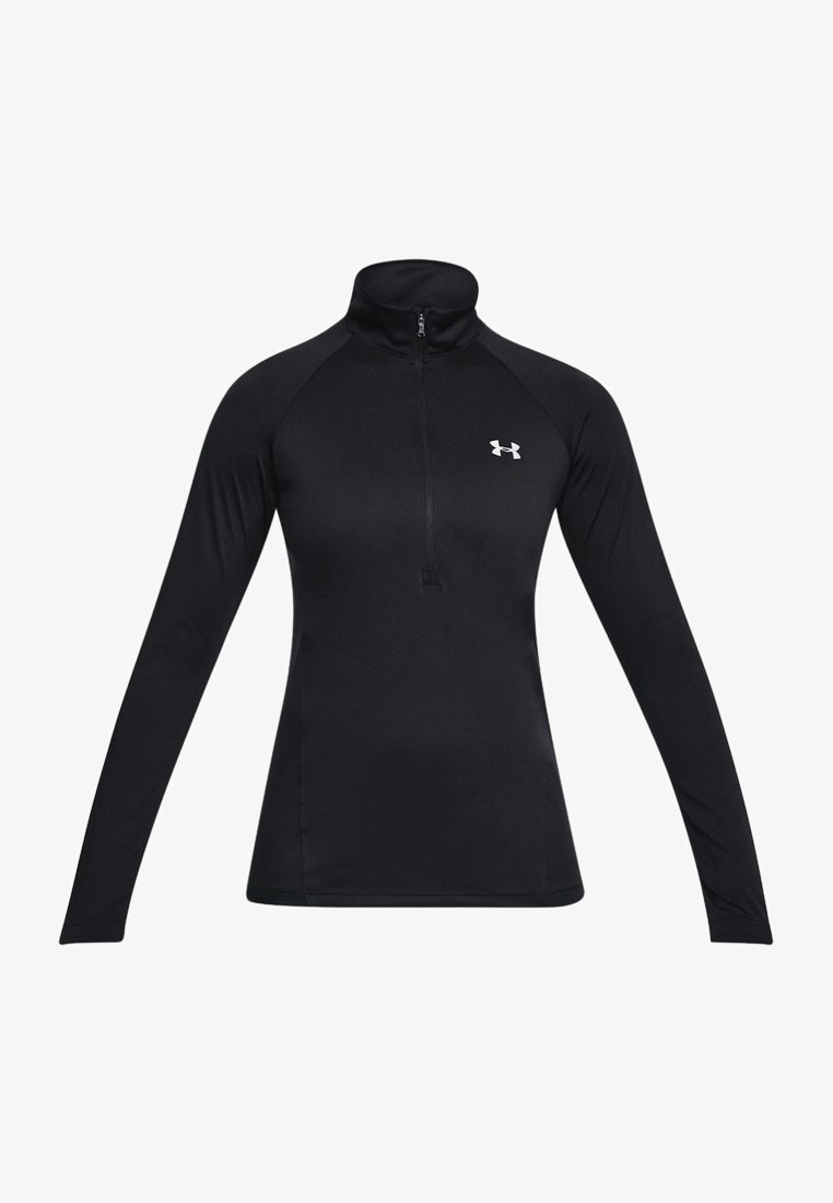 Haut de sport noir à manches longues avec col zippé à quart, fabriqué à partir d'un tissu lisse et extensible. Présente un petit logo blanc sur la poitrine.