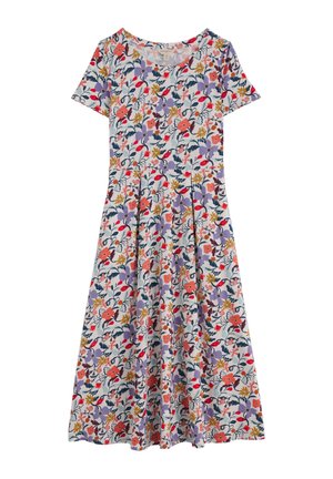 Vestido de manga corta con estampado floral en tonos morado, rojo, naranja y amarillo sobre un fondo blanco, presenta una cintura ajustada y una falda acampanada.