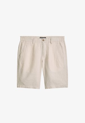 Beige casual shorts met zijzakken, knoopsluiting, riemlussen en een elastisch taillegedeelte aan de achterkant.
