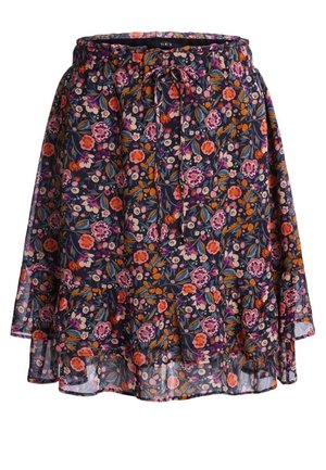 Marineblå nederdel med orange, pink og lilla blomsterprint, med elastik i taljen og snøre foran.