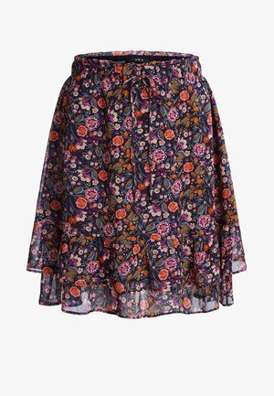 Jupe bleu marine avec motifs floraux orange, rose et violet, dotée d'une taille élastique et d'un cordon de serrage à l'avant.