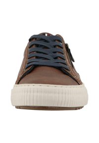 Sneaker in pelle marrone con lacci blu, suola in gomma bianca e dettagli in cucitura. Accentuazione con cerniera laterale per facilità d'uso. Design a profilo basso.