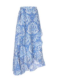 Modrá sukně se vzorem z lehkého materiálu, s květinovým designem a motivy paisley, a volánovým lemem pro větší texturu.