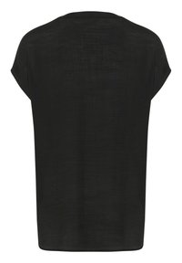 Haut noir avec une coupe décontractée, un col rond et des manches courtes. Le tissu semble léger avec une surface légèrement texturée.