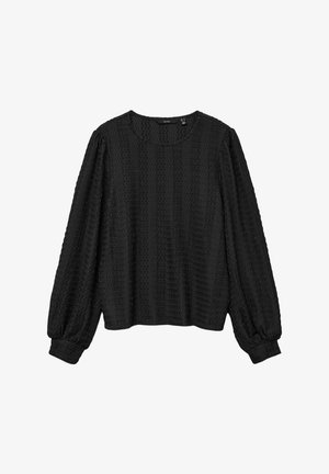 Melns garām piedurknēm tops ar teksturētu modeli, apaļu kaklu un elastīgām ādām. Audums izskatās viegls un nedaudz caurspīdīgs.