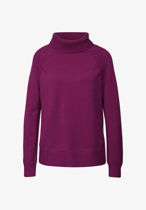 Fioletowy sweter z dzianiny z wysokim kołnierzem i detalem w postaci dwóch guzików. Posiada prążkowane akcenty na ramionach i mankietach. Miękka tekstura i luźny krój.