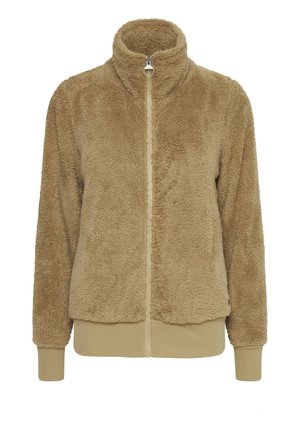 Krsni flīsa jaka ar augstu apkakli, pilnu rāvējslēdzēju un ribotām piedurknēm. Mīksts, teksturēts audums un vienkrāsains bez redzamām rakstu mijiedarbībām.