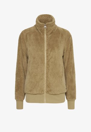 Tan fleecejakke med høj krave, fuld lynlås og ribbede manchetter. Blødt, tekstureret stof i solid farve uden synlige mønstre.