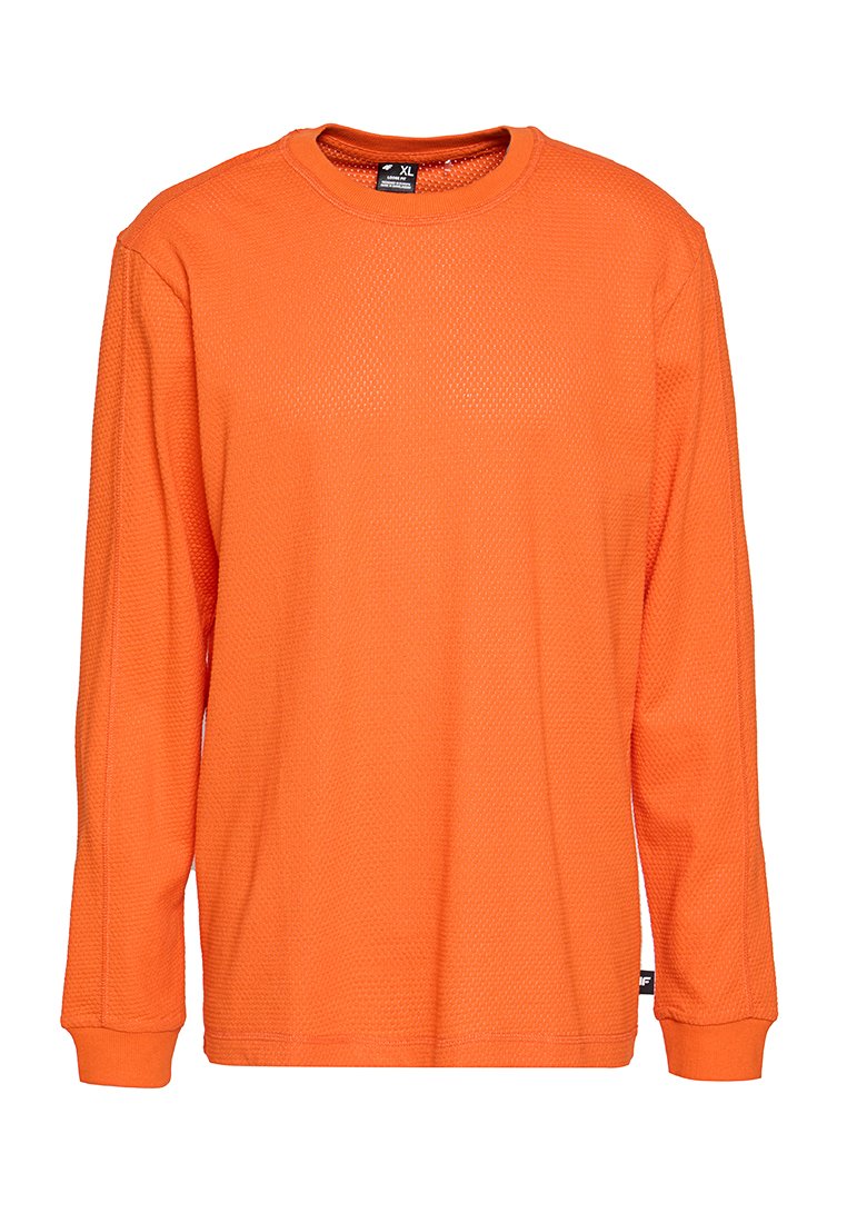 Pomarańczowa bluzka z długim rękawem, wykonana z siateczki, dekolt w serek, rozmiar XL, z prążkowanymi mankietami i małą czarną metką przy dolnym szwie bocznym.